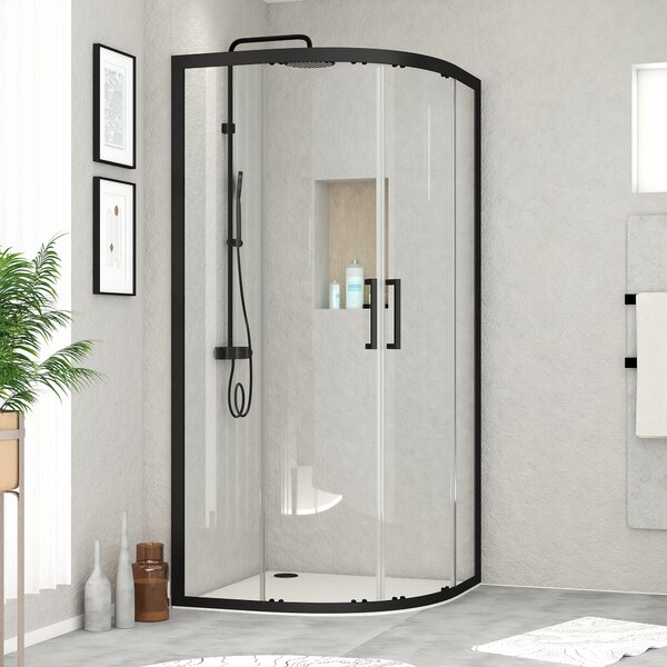 Cabina doccia 90x90 Marwell vetro doccia Factory rotonda, nero, 90 x 90 x 200 cm - Cabina doccia con telaio in alluminio nero opaco - Cabina doccia con porta scorrevole