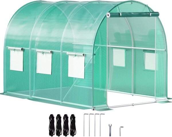 Serra a tunnel calpestabile - Serra portatile per piante in acciaio zincato - 3x2,1x2,1 m - Con 1 trave superiore, barre diagonali e 6 finestre avvolgibili - Porta a zip inclusa - Verde