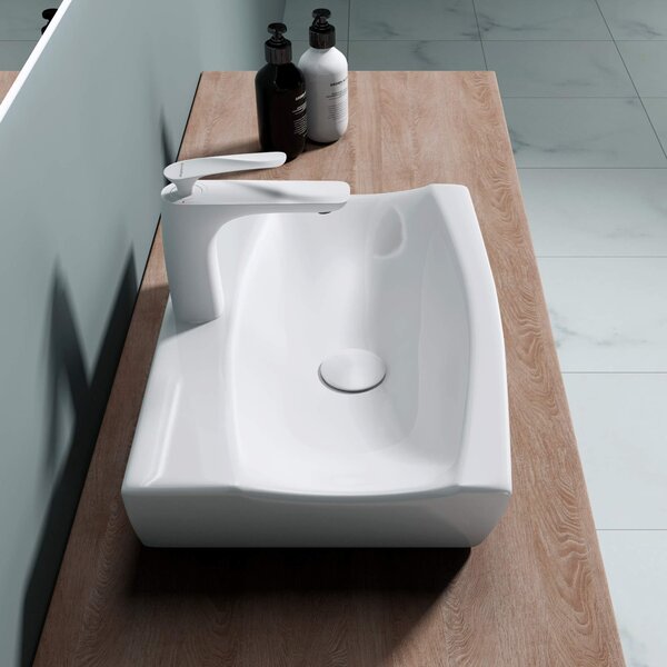 Doporro Lavabo da Appoggio in Ceramica Bianco Lucido, Lavandino Bagno Moderno con Foro Rubinetto e Rivestimento Nano 47x32x10 cm Br¹ssel152B