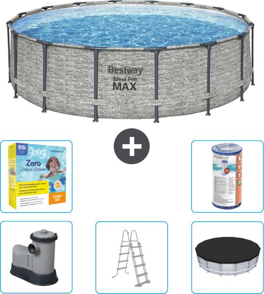 Piscina Bestway Round Steel Pro MAX - stampa su pietra - 488 x 122 cm - inclusa pompa - scala - copertura pacchetto manutenzione - filtro