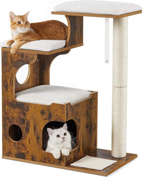 Tiragraffi FEANDREA 86 cm, tiragraffi per gatti di medie dimensioni con 3 aree di riposo e grotta, tiragraffi in MDF con impiallacciatura in legno, tronco in sisal