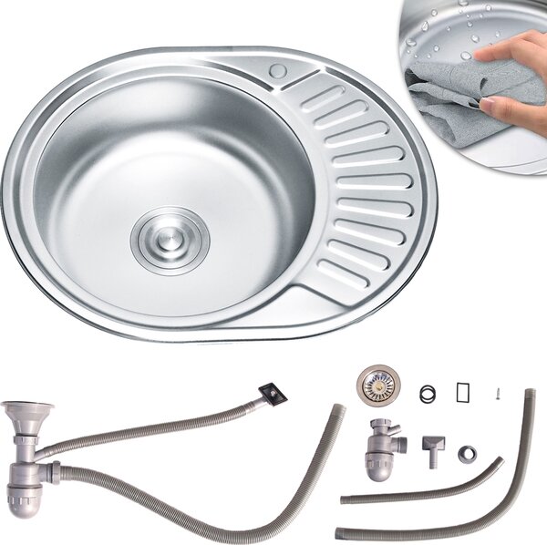 Lavello in acciaio inox 57CM, ripiano destro Lavello da cucina a vasca rotonda Lavello da incasso