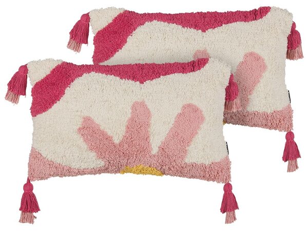 Set di 2 cuscini decorativi rosa e bianchi in cotone 30 x 50 cm Motivo floreale con frange Accessori decorativi Boho Beliani