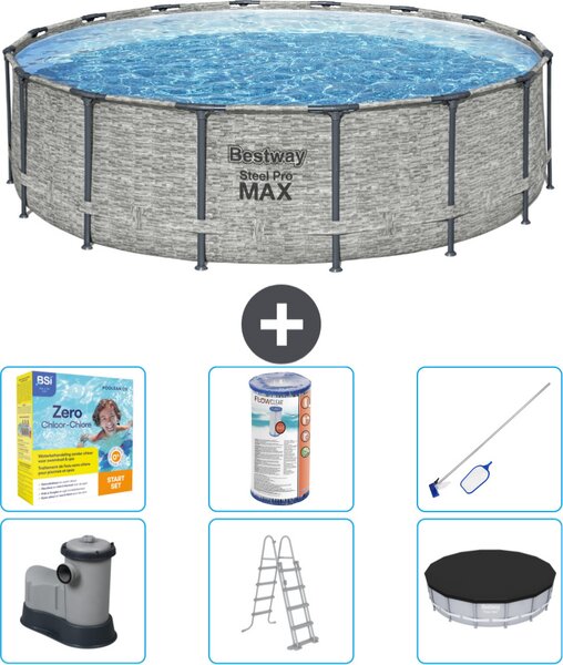 Piscina Bestway Round Steel Pro MAX - stampa su pietra - 488 x 122 cm - inclusa pompa - scala - copertura pacchetto manutenzione - filtro - kit pulizia