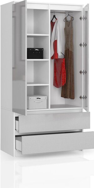 BDW Armadio 2 ante, 4 ripiani, bianco/grigio, 180 x 90 x 51 cm