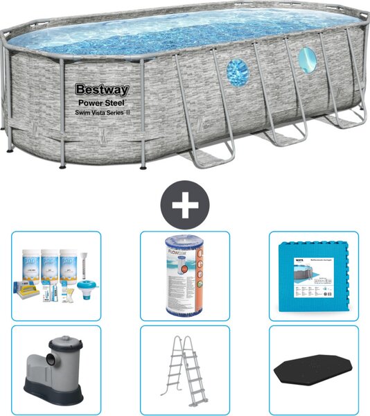 Piscina Bestway Oval Power Steel Swim Vista - stampa su pietra - 549 x 274 x 122 - inclusa pompa - scala - copertura pacchetto manutenzione - filtro - pavimento in piastrelle