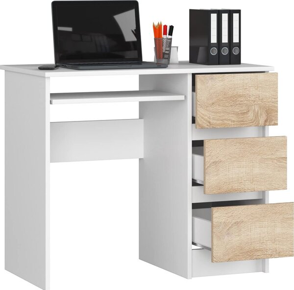BDW, scrivania per computer con 3 cassetti, cassetto per tastiera, 90x77x50 cm, bianco/rovere Sonoma (destra)