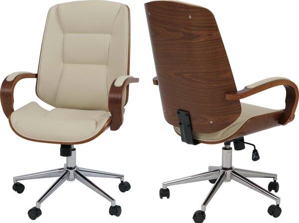 Sedia da ufficio HWC-O83, poltrona girevole executive, Pelle finta (280g/m²) bentwood certificata aspetto noce ~ crema
