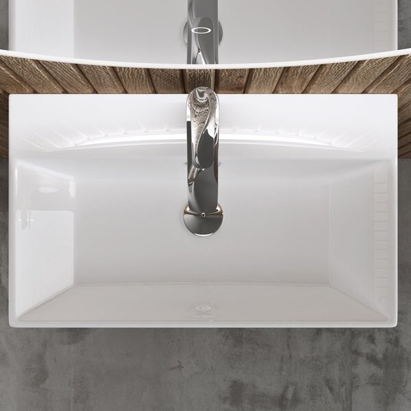 Doporro Lavabo Bagno in Ceramica Bianco Lucido 60 cm – Lavabo Sospeso o da Appoggio Piccolo con Foro Rubinetto e Troppopieno (Brüssel206)