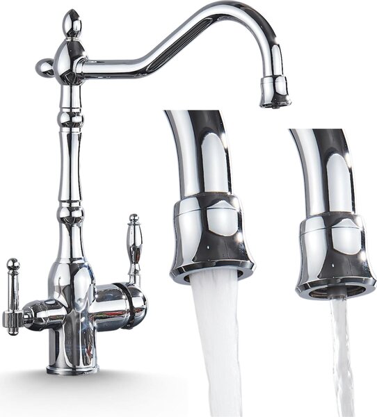 Rubinetto da cucina a 3 vie Ari Retro 2 con collegamento filtro acqua, beccuccio girevole 360 gradi, cartuccia Vetroceramica, cromato