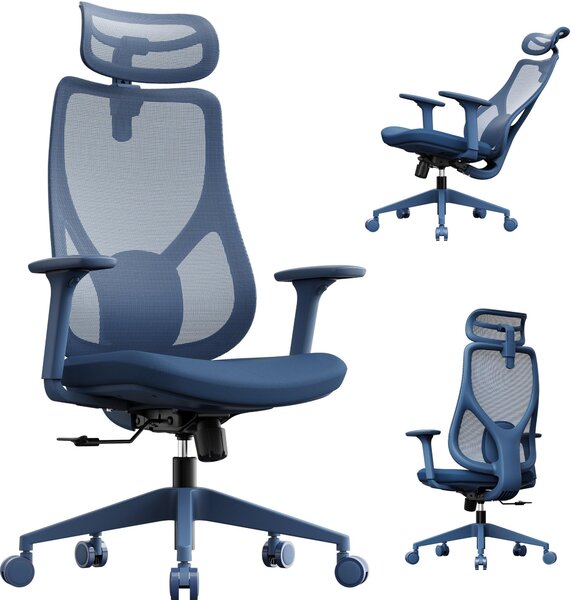 SENSE7 Moyo Sedia da ufficio ergonomica Sedia da scrivania Blu Braccioli 3D Schienale in rete Supporto lombare Sedia direzionale Sedia per PC Ufficio domestico 150 kg