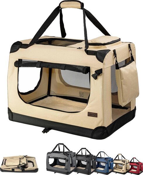 Box da trasporto per gatti in tessuto lionto pieghevole, box da trasporto ventilato con accesso a zip e morbido cuscino interno, 50x34x36 cm, beige