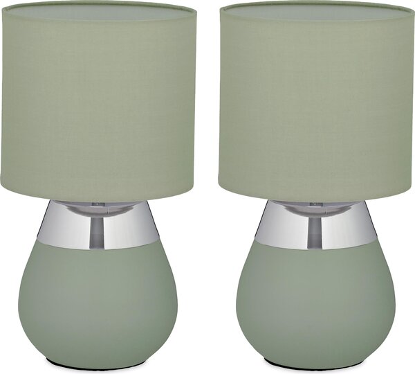 Lampada da tavolo Relaxdays, set da 2, base in metallo, paralume in tessuto, E14, A x P: 32 x 18 cm, lampada da comodino con cavo, verde/argento