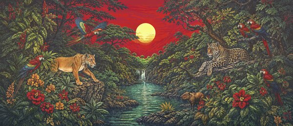 Carta da parati Dipinto raffigurante un fiume con una cascata e una tigre, Carta da parati Natura, Carta da parati popolare, t01030 - Tapeko.it