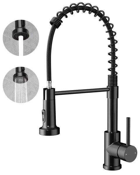 Rubinetto da cucina Rainsworth in acciaio inox nero - Rubinetto da cucina a due getti ad alta pressione con doccia estraibile, rubinetto per lavello con rotazione a 360° adatto alla cucina