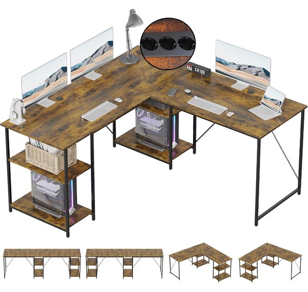ZELURXX Scrivania angolare Scrivania da gaming con ripiano, porta USB e presa di corrente (1 tavolo), scrivania per computer a forma di L da 140 cm, tavolo per PC da ufficio
