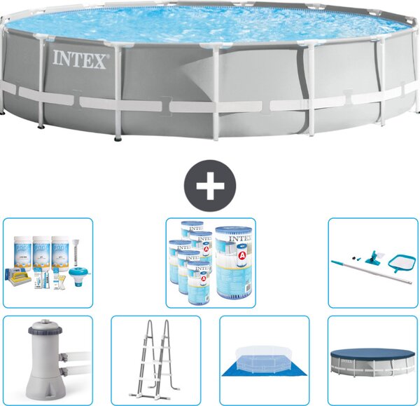 Piscina Intex Round Prism Frame - 457 x 107 cm - Grigio - inclusa pompa - scaletta - telo di fondo - pacchetto manutenzione copertura - filtro - kit pulizia