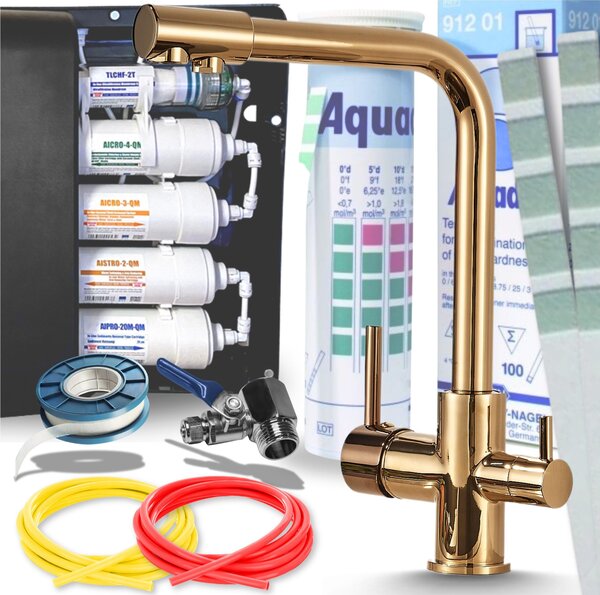 Rubinetto da cucina Ari Venom 1 a 3 vie con collegamento filtro acqua, beccuccio girevole 360, ottone dorato lucido