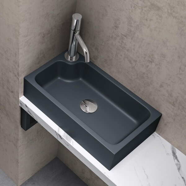 Doporro Lavandino Bagno da Appoggio Lavabo ad Angolo Rettangolare con Foro Rubinetto e Vasca a Destra, Design Moderno in Marmo Resina con Nano Rivestimento 46x26x11cm Antracite Opaco, Colossum101
