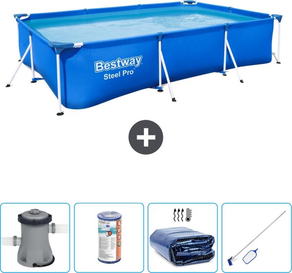 Piscina Bestway Pro rettangolare in acciaio - 300 x 201 x 66 cm - Blu - inclusa pompa - filtro - tenda - kit di pulizia
