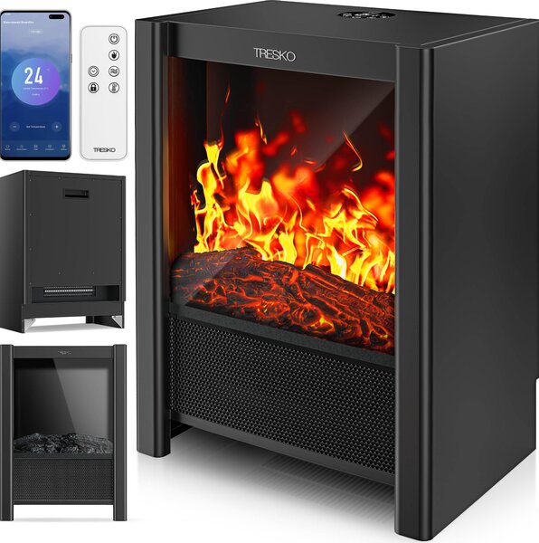 TRESKO® Caminetto elettrico con riscaldamento e telecomando 2000W, app WiFi | caminetto elettrico con effetto fiamma LED e display LCD | caminetto con termostato, timer | stufa elettrica a legna da appoggio per caminetto con termoventilatore