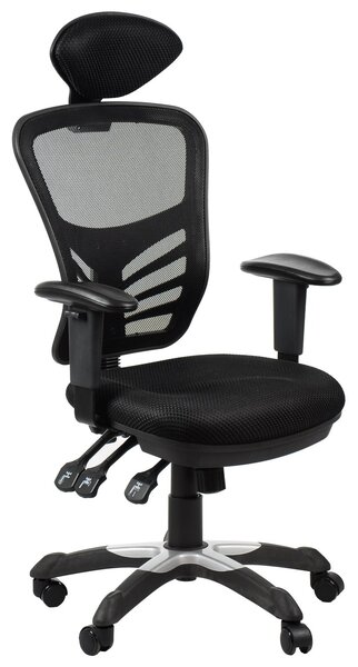 Sedia da ufficio ergonomica girevole HG-0001H, base in nylon, braccioli regolabili, poggiatesta, nero