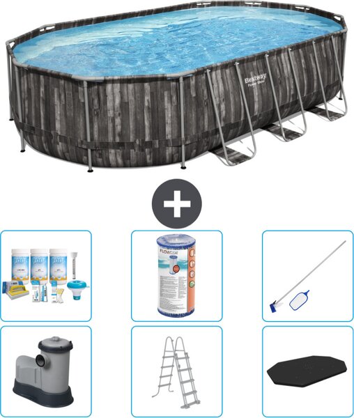 Piscina Bestway Oval Power Steel - 610 x 366 x 122 - Grigio - compresa pompa - scala - copertura pacchetto manutenzione - filtro - kit pulizia