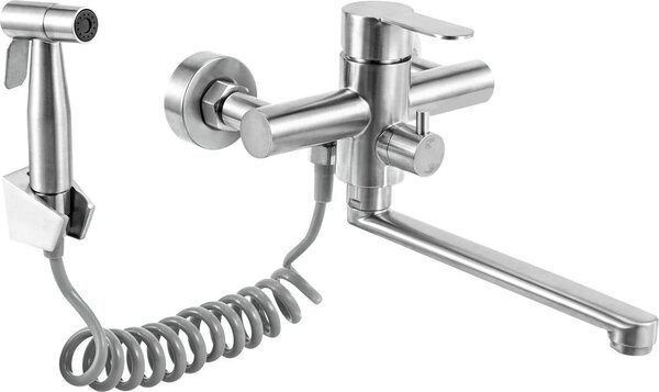 Rubinetto da cucina - Rubinetto a parete - Orientabile a 360° - 3 tipi di getto - Doccetta - Acciaio inossidabile 304 - Risparmio idrico - Argento