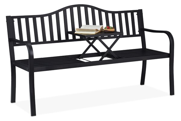 Panchina da giardino Relaxdays con tavolino ribaltabile, a 3 posti, robusta, da giardino, in metallo, per balcone, L x P x A 89 x 150 x 58,5 cm, nera