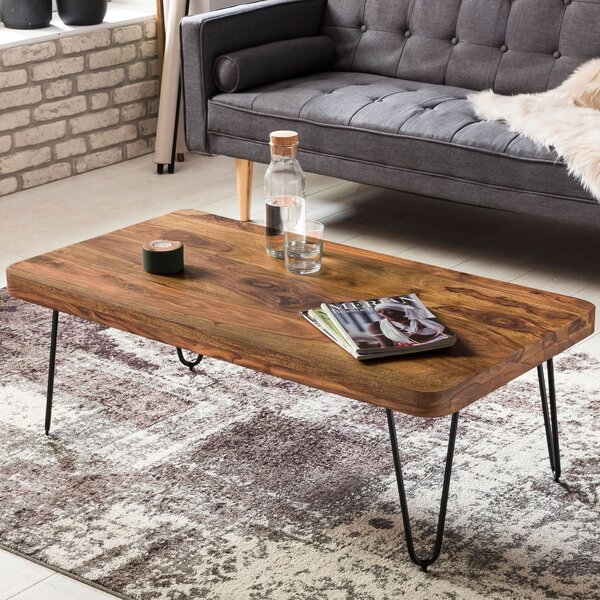 FineBuy Tavolino da caffè in legno massiccio di Sheesham 115 cm - Tavolo da salotto rettangolare dal design industriale con gambe a forcina in metallo - Fatto a mano