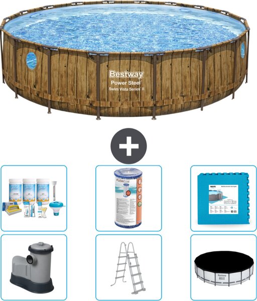 Piscina Bestway Round Power Steel Swim Vista - stampa su legno - 549 x 122 - compresa pompa - scaletta - copertura pacchetto manutenzione - filtro - piastrelle per pavimento