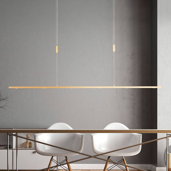 Lampada LED a sospensione Quitani Tolu, lunghezza 139 cm, ottone Tolu Quitani, dimmerabile, Ottone / Oro, Soggiorno / Sala da pranzo, Alluminio, Moderno