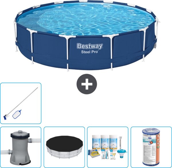 Piscina Bestway Round Steel Pro - 396 x 84 cm - blu - inclusa copertura della pompa - pacchetto di manutenzione - filtro - kit di pulizia