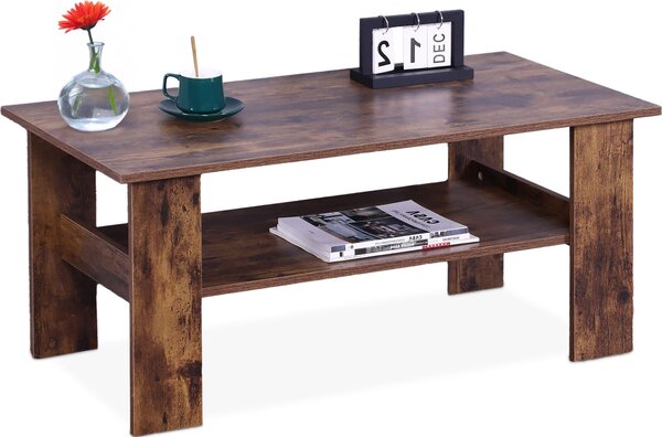 Tavolino Relaxdays, LxPxA: 43,5x100x50 cm, tavolino da salotto con ripiano inferiore, tavolino da divano moderno, effetto legno, marrone