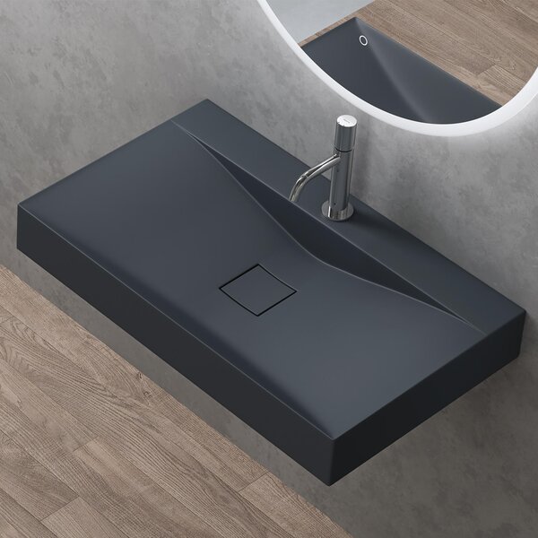 Doporro Lavabo da Appoggio o Sospeso Rettangolare 80 cm in Marmoresina Antracite Opaco, Lavandino Bagno con Foro per Rubinetto Colossum810