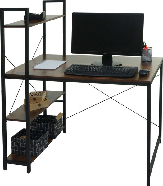 Scrivania con scaffale MCW-K81, tavolino per laptop, scrivania da ufficio, 100x60 cm, metallo e MDF ~ marrone
