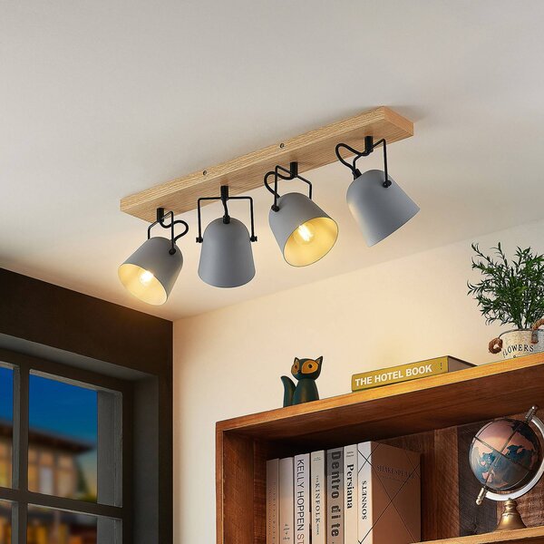 Lindby Adalin plafoniera, 4 luci, grigio Lindby, dimmerabile, Legno chiaro, Soggiorno / Sala da pranzo, Legno, Moderno, Faretto