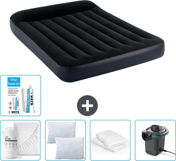 Letto ad aria Intex - Letto matrimoniale - 137 x 191 x 25 cm - Blu scuro - Consegna inclusa Lenzuolo di ricambio - Bacio - Pompa - Set di riparazione e protezione del cuscino
