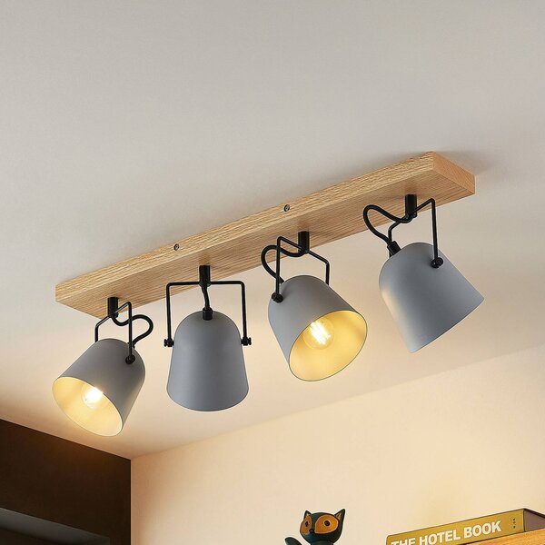 Lindby Adalin plafoniera, 4 luci, grigio Lindby, dimmerabile, Legno chiaro, Soggiorno / Sala da pranzo, Legno, Moderno, Faretto