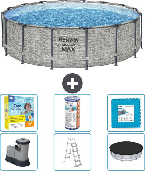 Piscina Bestway Round Steel Pro MAX - stampa su pietra - 488 x 122 cm - inclusa pompa - scala - copertura pacchetto manutenzione - filtro - pavimento in piastrelle