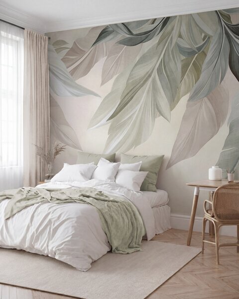 Carta da parati Foglie tropicali, grandi, dai toni tenui di verde, beige e rosa, su uno sfondo chiaro e, Carta da parati Buffer, w10054 : Uwalls.it