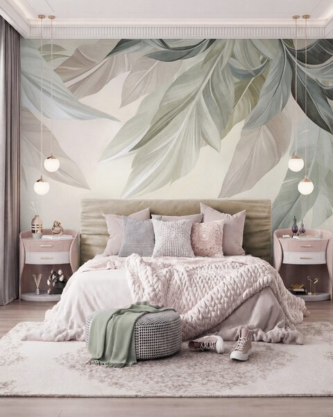 Carta da parati Foglie tropicali, grandi, dai toni tenui di verde, beige e rosa, su uno sfondo chiaro e, Carta da parati Buffer, w10054 : Uwalls.it