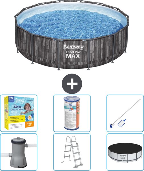 Piscina Bestway Round Steel Pro MAX - stampa legno - 427 x 107 cm - inclusa pompa - scala - copertura pacchetto manutenzione - filtro - kit pulizia