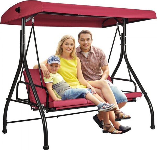 SM® - Altalena Hollywood con tettuccio regolabile e cuscino rimovibile - Sedia a dondolo in lega d'acciaio - 3 posti, rosso bordeaux - Per balcone, cortile, bordo piscina