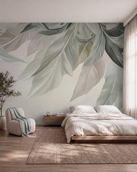 Carta da parati Foglie tropicali, grandi, dai toni tenui di verde, beige e rosa, su uno sfondo chiaro e, Carta da parati Buffer, w10054 : Uwalls.it