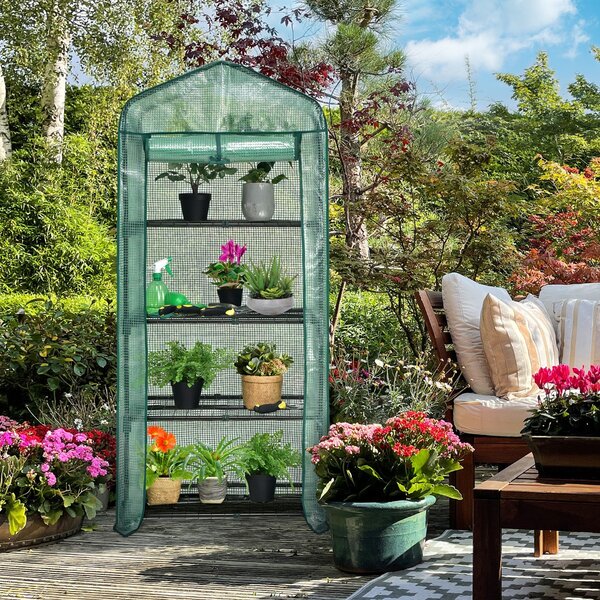 Costway Mini serra da giardino con 4 livelli, Serra con porta arrotolabile con cerniera 4 ripiani in acciaio Verde