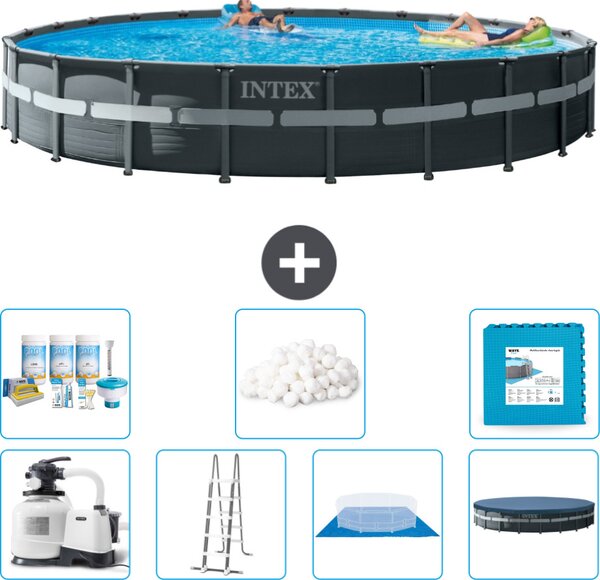 Piscina Intex Round Ultra XTR Frame - 732 x 132 cm - inclusa pompa - scaletta - telo di fondo - confezione di manutenzione della copertura - sfere filtranti - piastrelle per il pavimento