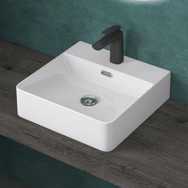 Doporro Lavabo da Appoggio Lavandino Sospeso Bagno Rettangolare 42 cm in Vetroceramica Bianco Lucido con Foro per Rubinetto e Troppopieno - Meissen201