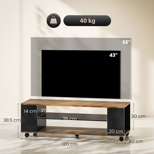 HOMCOM Mobile TV da Terra con Ruote 4 Ripiani per TV fino a 55 Pollici, 120x40x38,5 cm Noce e Nero | Aosom Italy