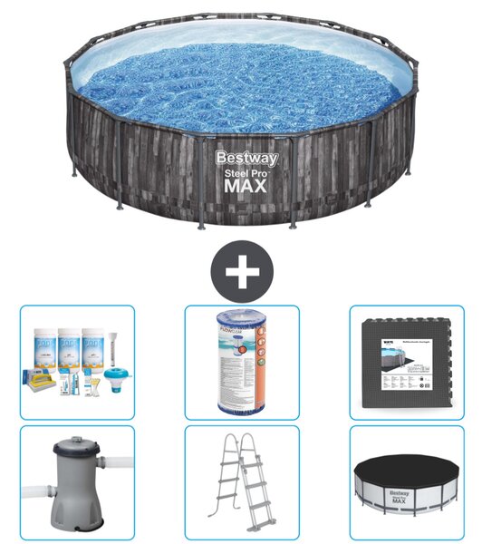 Piscina Bestway Round Steel Pro MAX - stampa legno - 427 x 107 cm - inclusa pompa - scala - pacchetto manutenzione copertura - filtro - piastrelle pavimento